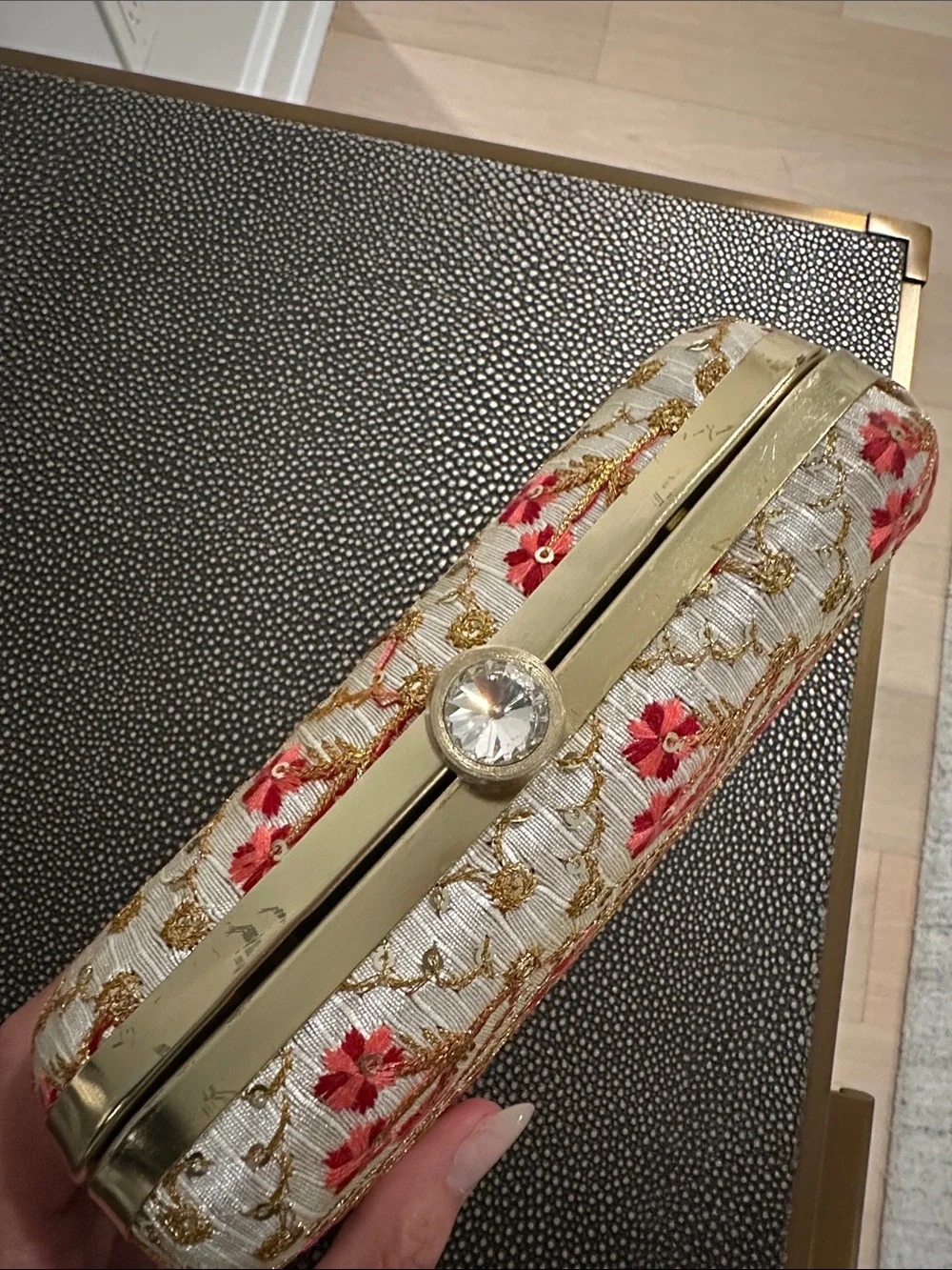 Embroidered Floral White and Gold Evening Clutch